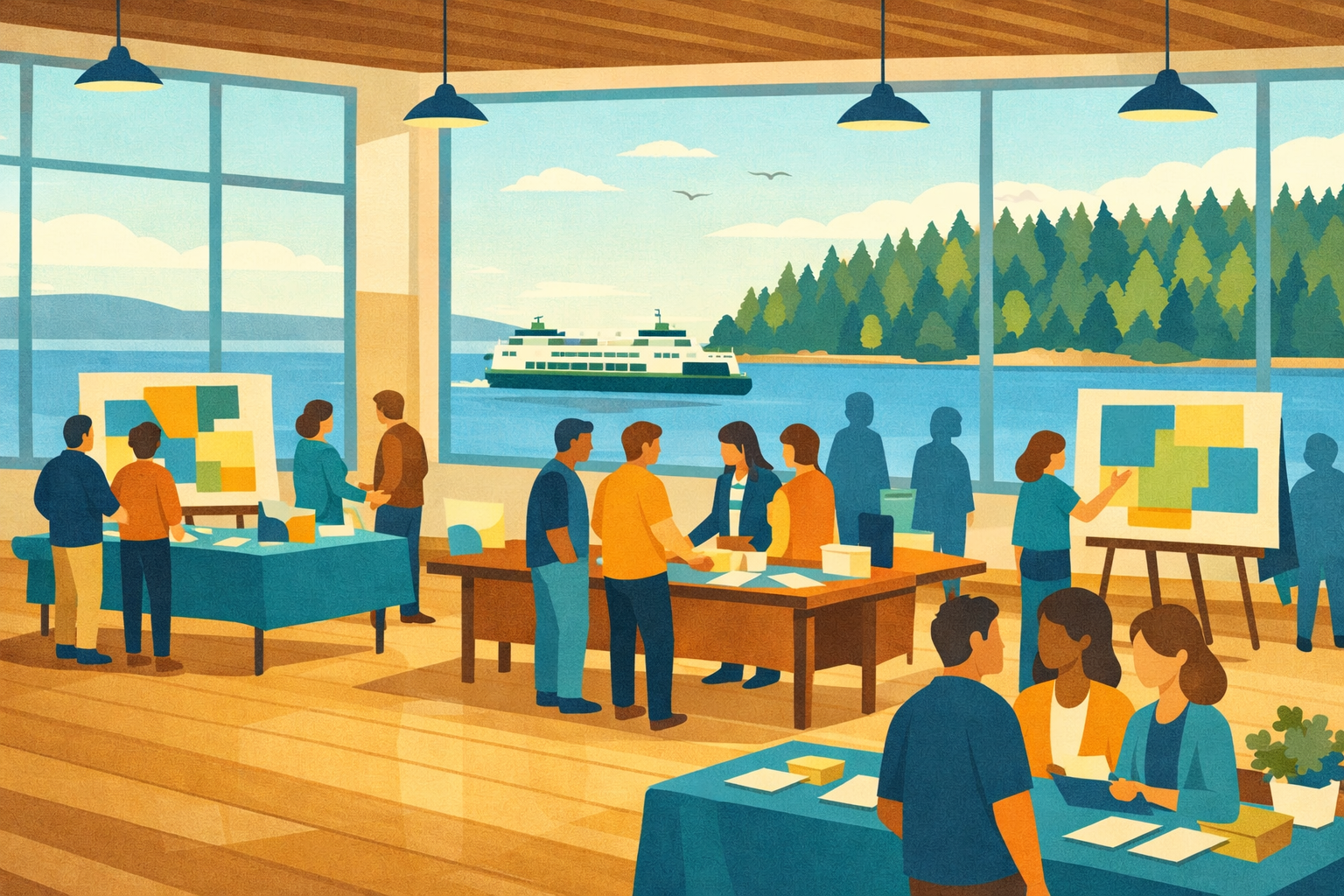 Editorial illustration of a welcoming Kingston community open house near the waterfront.