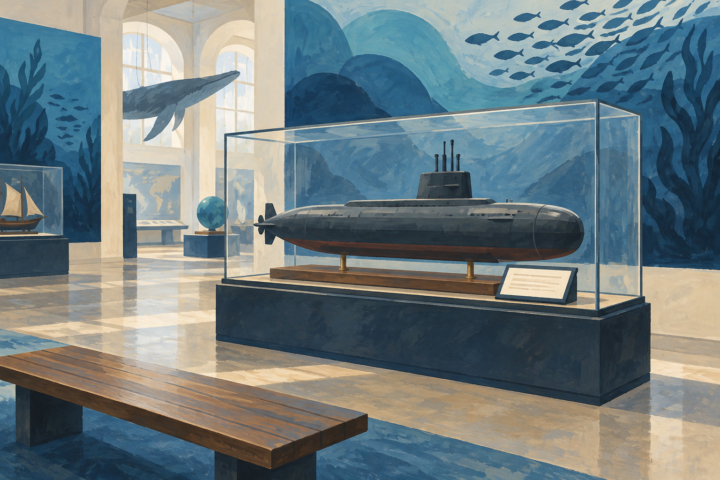 A submarine model in a fictional museum display case.