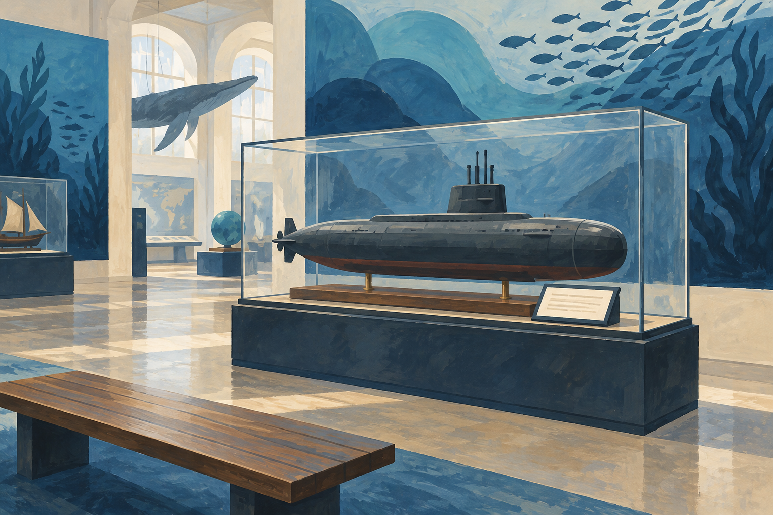 A submarine model in a fictional museum display case.