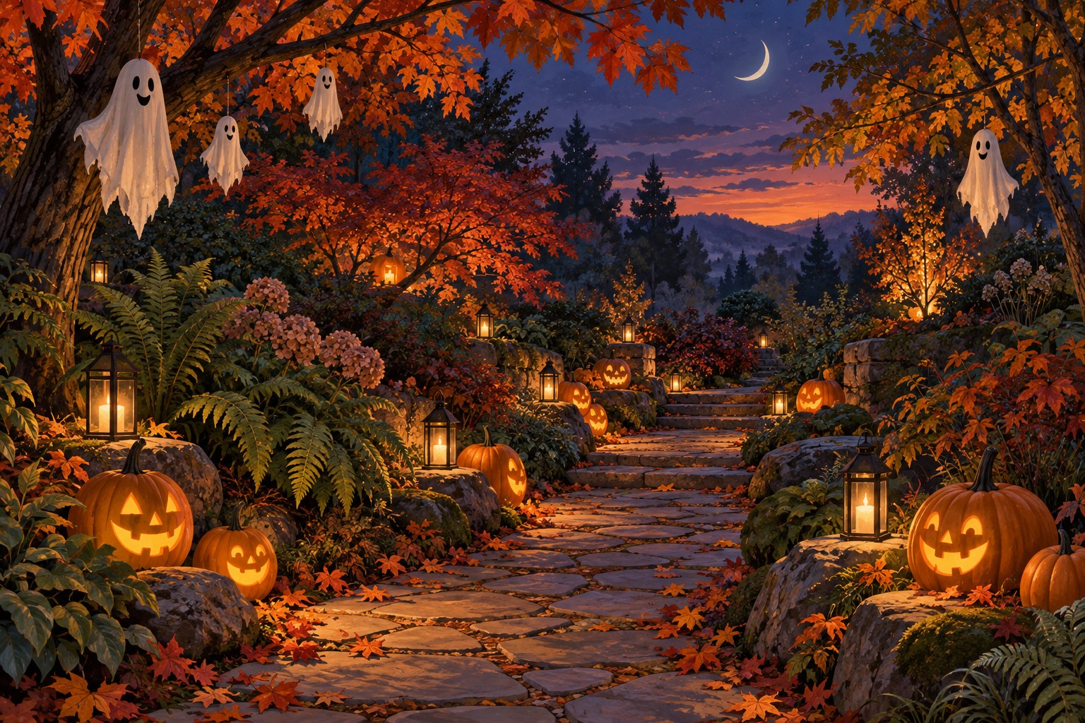 Illustrated autumn garden path with pumpkins and playful ghost decorations.