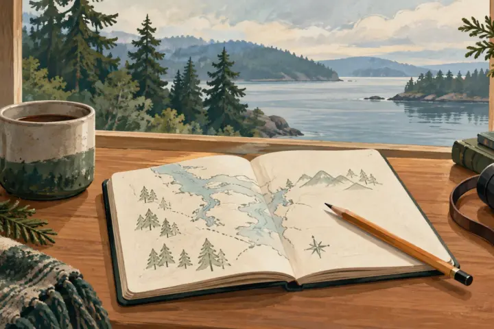 Illustration of a travel notebook and pencil by a window overlooking evergreen shores and calm water.