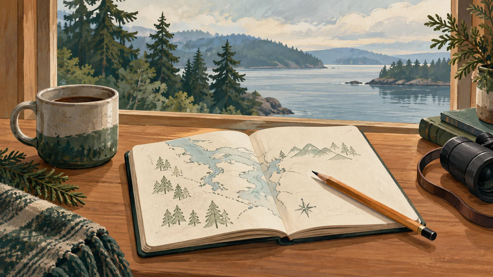 Illustration of a travel notebook and pencil by a window overlooking evergreen shores and calm water.