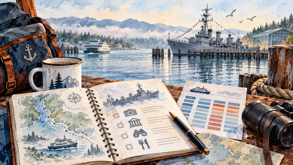 Illustration of waterfront visit-planning notes with a naval museum ship in the background.