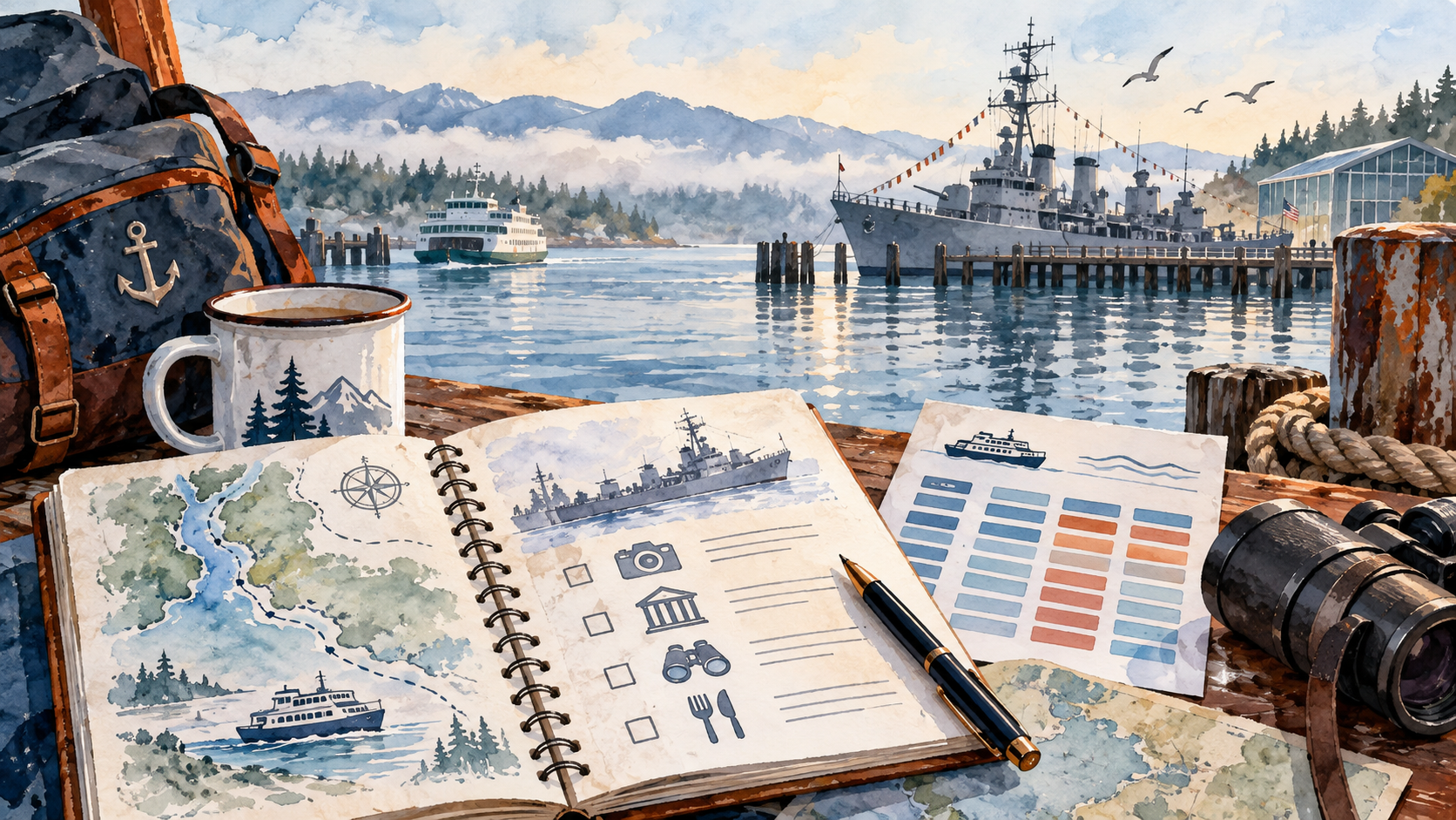 Illustration of waterfront visit-planning notes with a naval museum ship in the background.