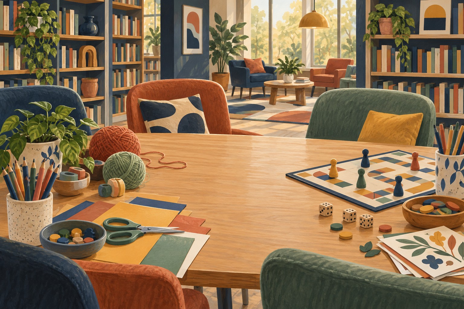 Illustrated craft and game supplies on a table in an imagined library.